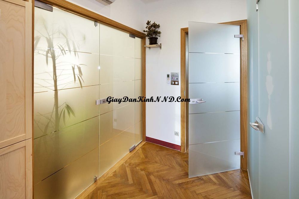 Vách kính ngăn phòng trong nhà sử dụng decal mờ kết hợp kẻ các đường chỉ tạo điểm nhấn ấn tượng