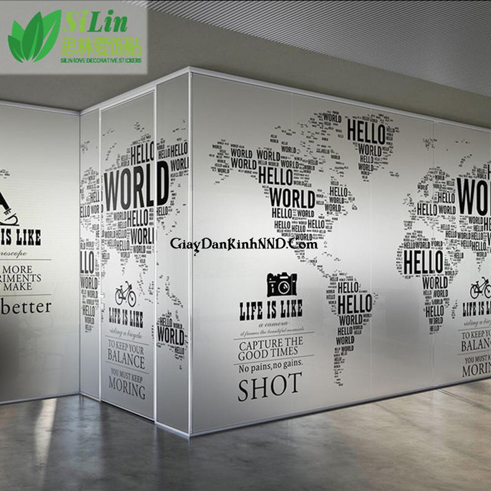 In UV hình bản đồ thế giới dán kính cho văn phòng trên nền decal mờ