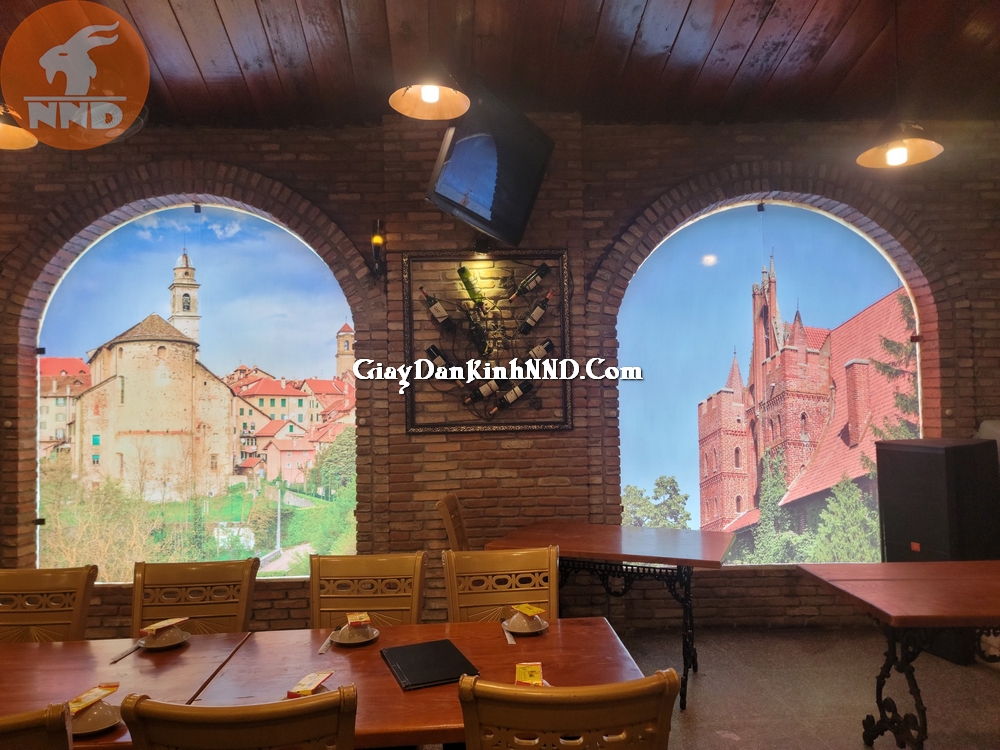 Thi công tranh dán kính 3D in PP cho quán cafe