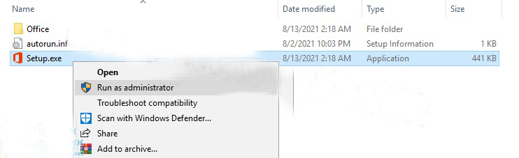 Chia sẻ link tải Office 2021 mới nhất - Link Google Drive 4 Click chuột phải vào tệp tin Setup.exe –> Run as administrator