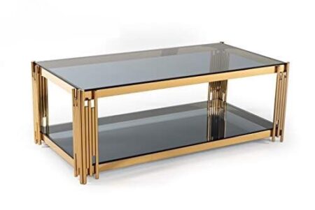 Bàn trà inox mạ vàng mặt kính cường lực đen – BTVP34