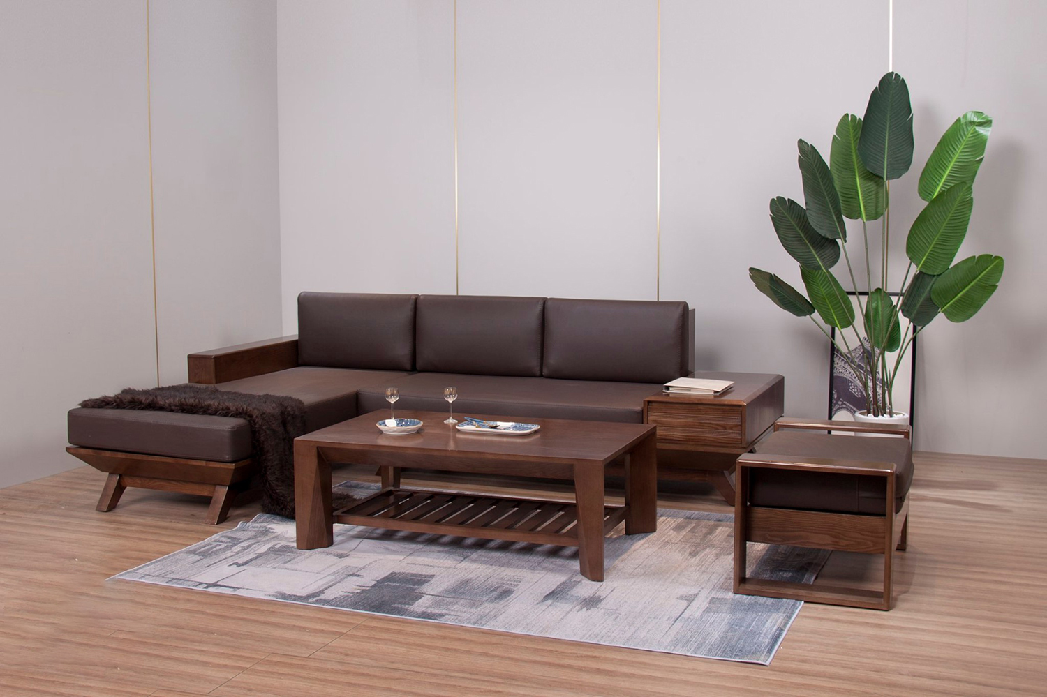 Sofa gỗ tần bì hình chữ L bọc da - SGVP02 4 sofa gỗ tần bì bọc da góc chữ L