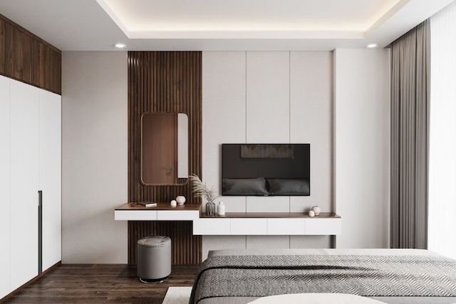 Cách Bố Trí Bàn Trang Điểm Trong Phòng Ngủ Chuẩn Phong Thủy Nhất 3 Bàn trang điểm cuối giường liền kề với kệ tivi