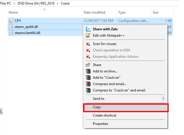 Hướng dẫn tải và cài đặt Pes 2018 vĩnh viễn - Link GG Drive 7 Copy files có trong thư mục Crack