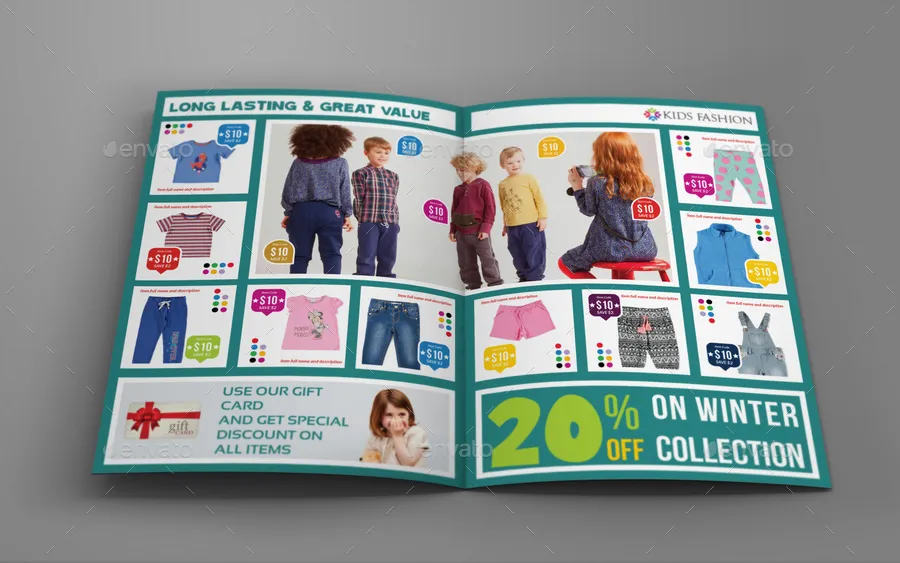 Brochure gấp đôi danh mục sản phẩm thời trang trẻ em (indd, idml)