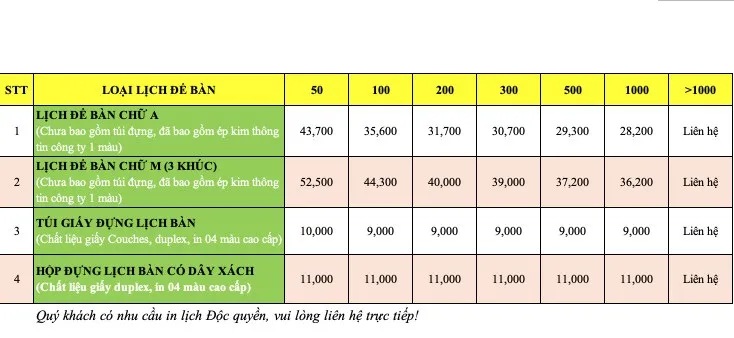 Báo giá in lịch để bàn