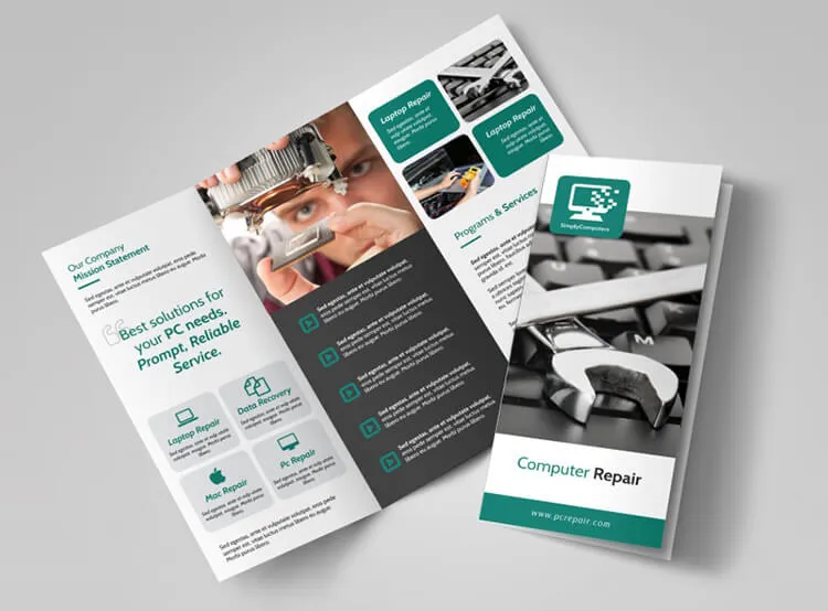 Brochure công ty, dịch vụ sửa chữa máy tính màu đen, xanh