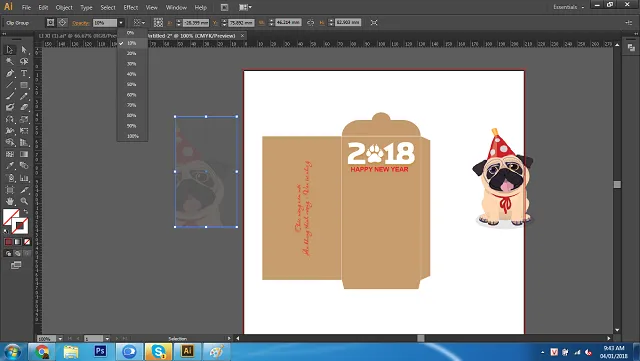 Giảm Opacity xuống 12% rồi dùng Selection Tool để đưa con vật vào bao lì xì