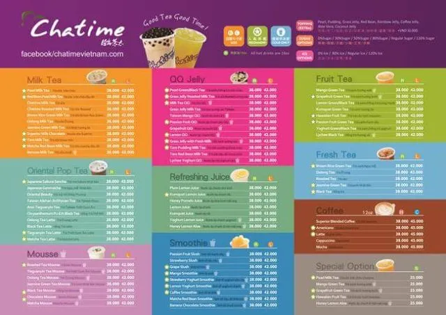 Menu Chatime với màu sắc bắt mắt