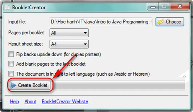 Ấn Create booklet để tạo sách