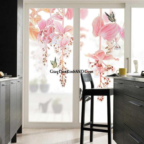 Cửa thông phòng dán tranh kính 3D hình hoa in trên nền decal mờ ấn tượng độc đáo