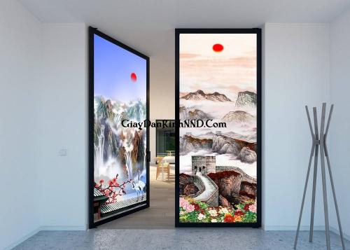 Tranh phong cảnh thủy mặc cho cửa ra vào 2 cánh